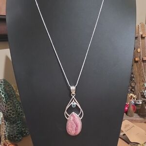 Silver Plated Pendant Necklace with Rhodochrosite Teardrop Stone and Blue Accent